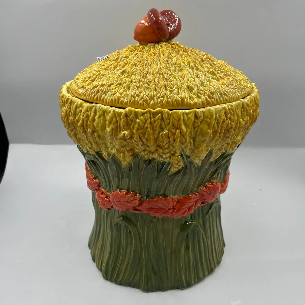 Department 56 Harvest Wheat Ceramic Cookie Jar Autumn Leaf Acorn Fall Decor